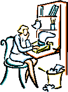 woman at a secretary desk typing on a typewriter
